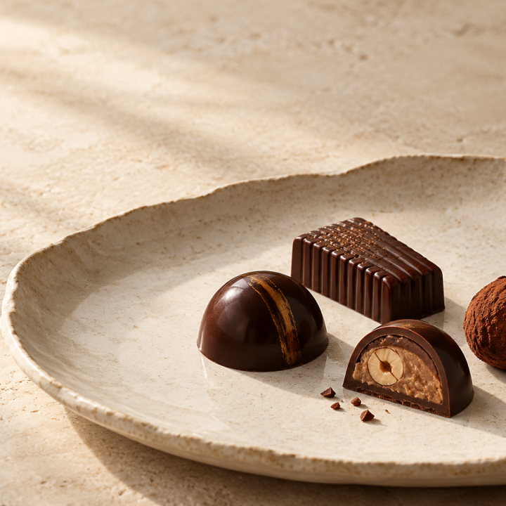 An artisan chocolate collection on an ivory plate